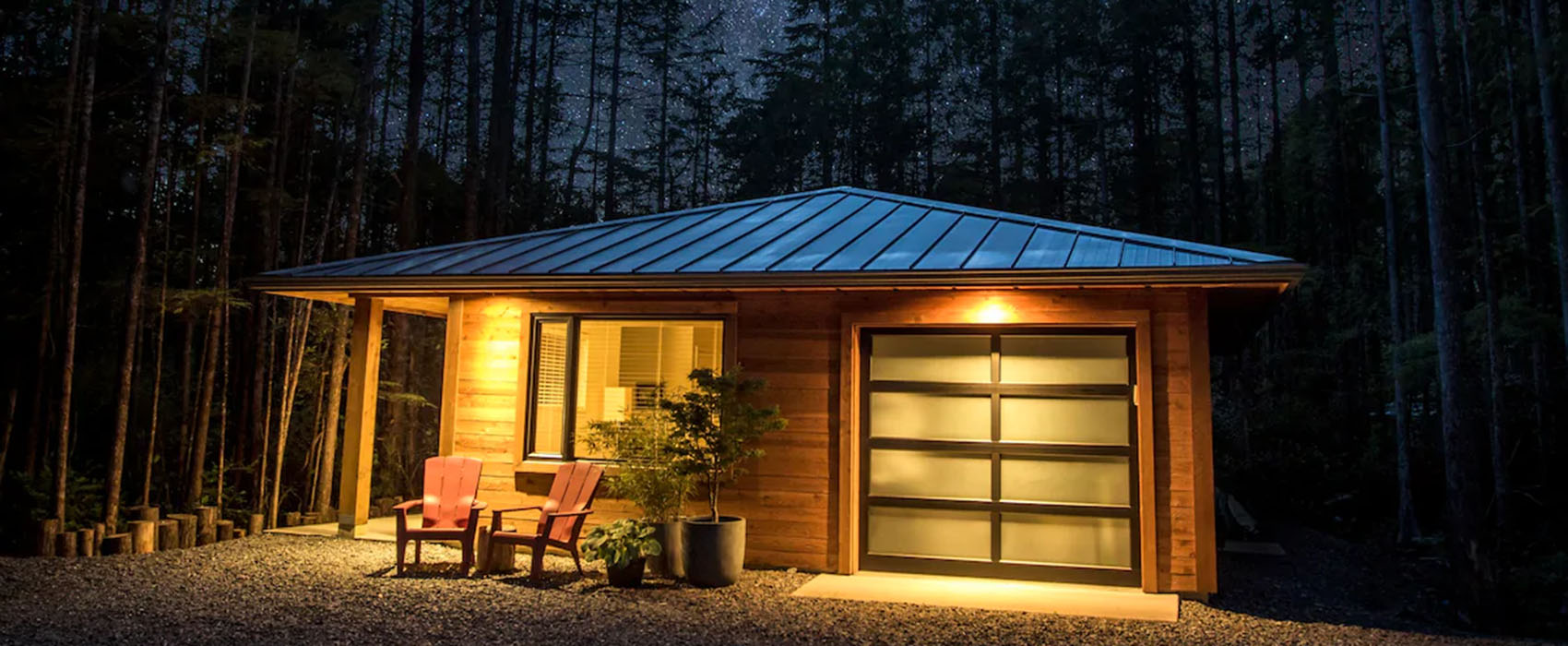 Wooden cabin illuminated by porch lights underneath a starry sky with a forest in the background.