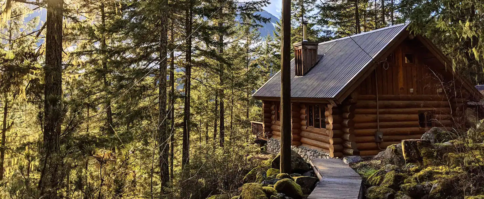 Wood log cabin nestled in the woods with a wooden walkway up to the cabin.