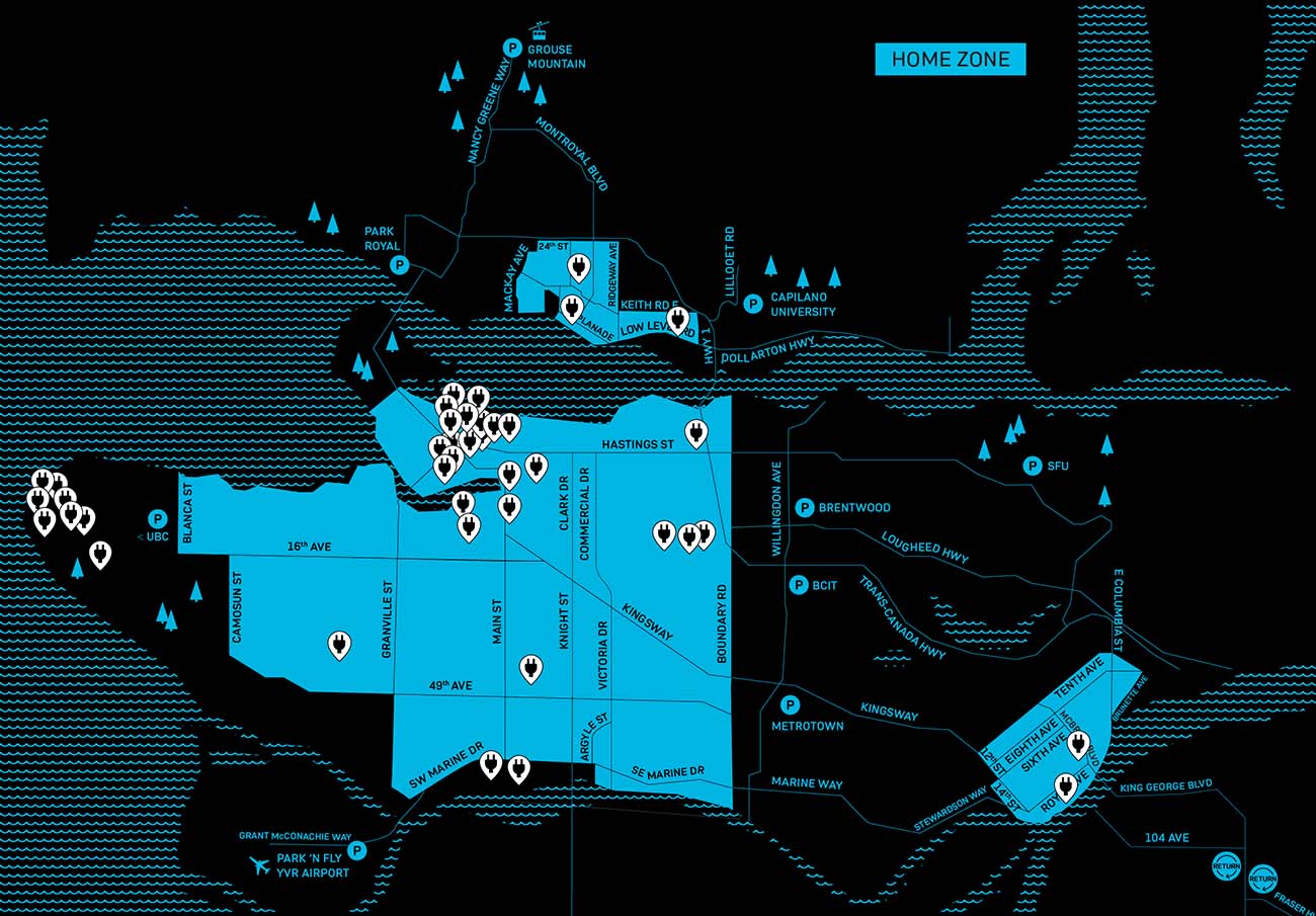Map of Evo electric vehicle charging stations in Vancouver