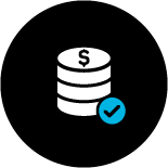 Icon of a stack of coins with a blue check mark 