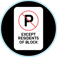 No parking except residents of block sign icon